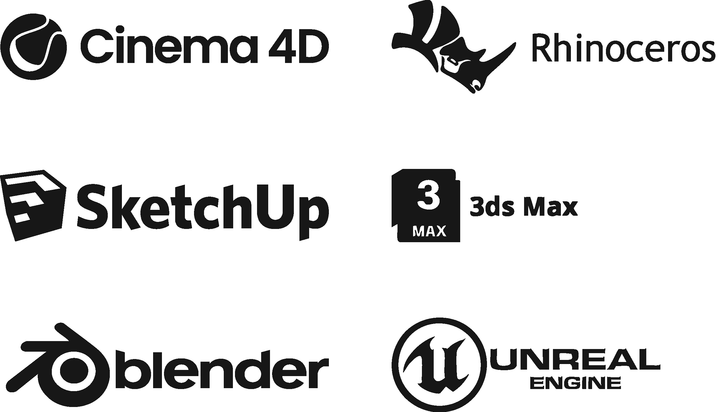 Rhino, SketchUp, 3ds Max, Unreal, Blender and Cinema 4D